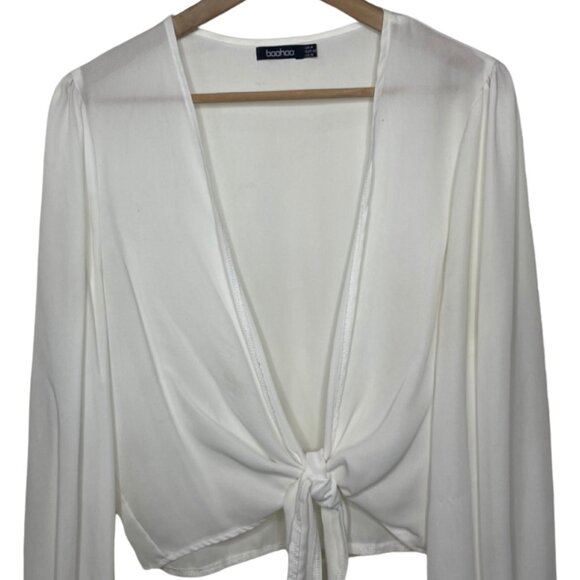 BOOHOO | White V-Neck Tie Front Crop Top Long Balloon Sleeves | Size 10 - Picture 2 of 9